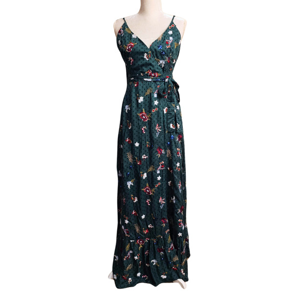 Tularosa Anthropologie Aubrie Sequin Embroidered Wrap Maxi Dress Green $240 Med - Picture 3 of 10